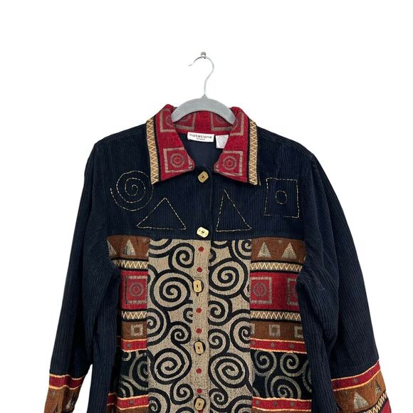 Notations Women Corduroy Jacket Beaded Embroidered Patch Boho Black Red Sz 14/16 - Picture 2 of 5